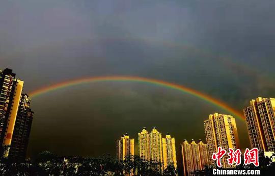 暴雨过后，四川自贡天空现美丽完整彩虹。　钟欣 摄